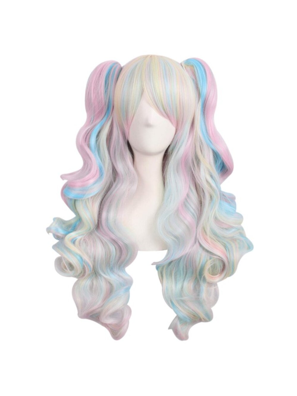 Women Pink Blue Blonde Synthetic Lolita Long Curly Clip On Ponytails Cosplay Wig